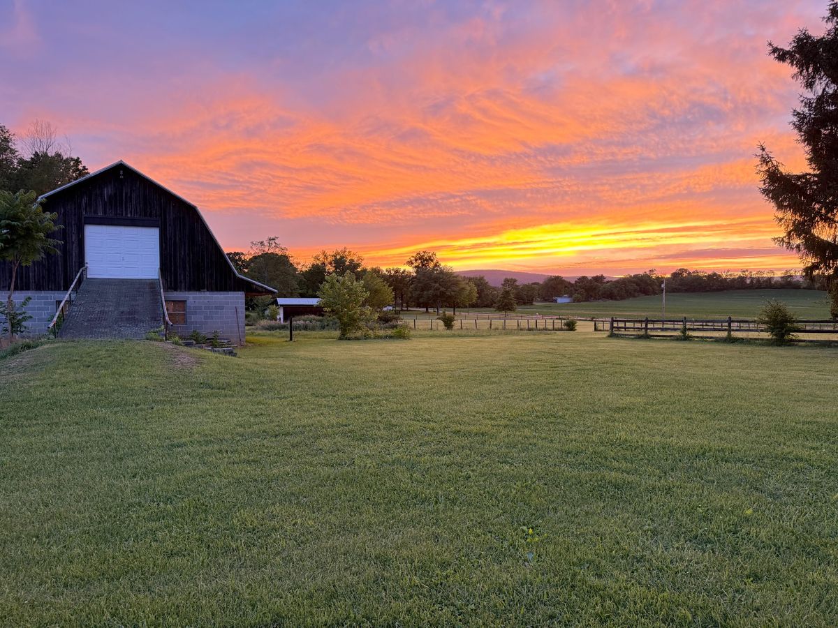 Vibrant sunset over a farm with a barn, showcasing lush green grass and a tranquil atmosphere ideal for outdoor workshops and events.